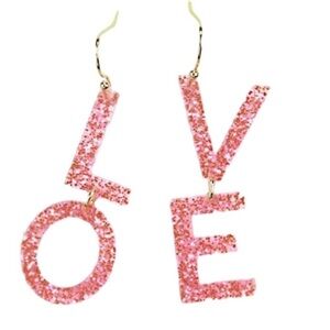 PINK Glitter Acrylic LOVE Letters Drop Dangle Pierced Earrings